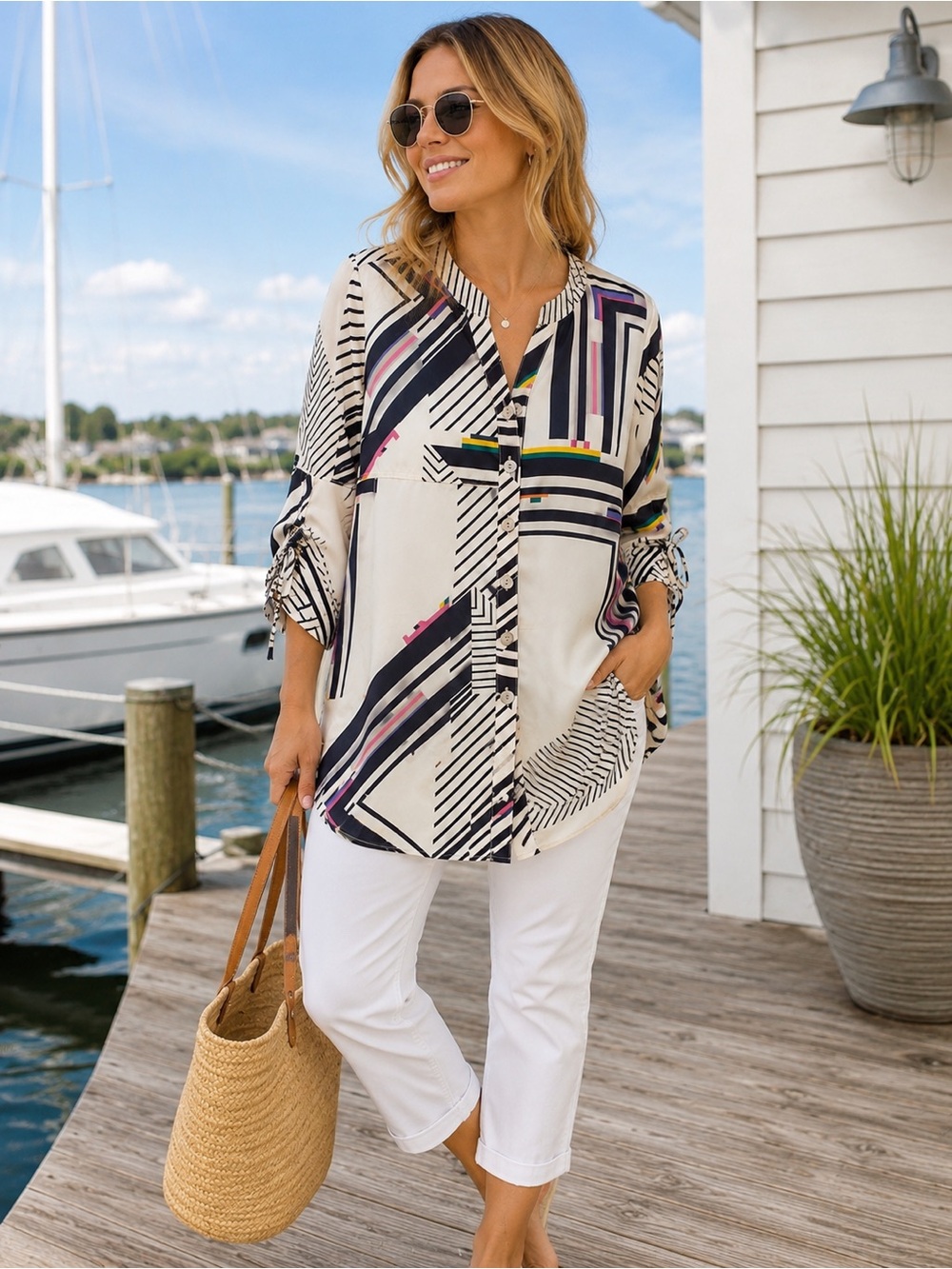 John Mark Geometric Print Oversized Tunic Top Small Coastal Nautical